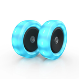Two blue scooter wheels on a white background