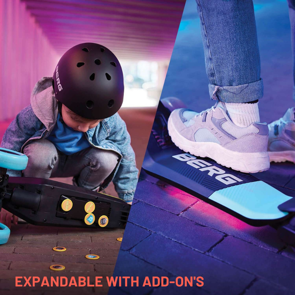 Child with a helmet and a BERG scooter, with a close-up of the scooter's platform.