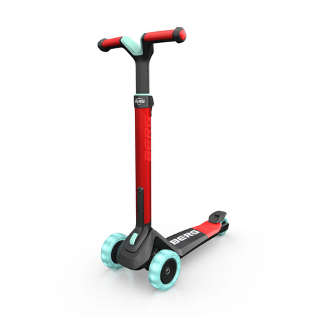 Red and black scooter with light blue wheels on a white background