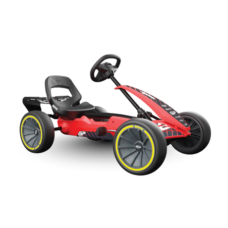 Red pedal go-kart with black seat on a white background