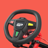 Black steering wheel with GP logo on a red background