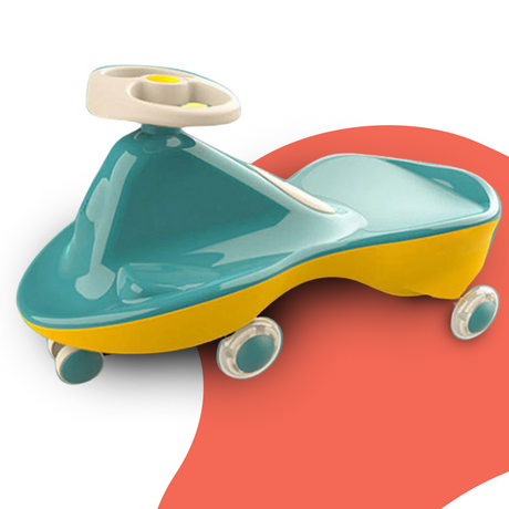 A teal and yellow ride-on toy with a sleek, ergonomic design, featuring a light-colored steering wheel and four wheels, placed on a red background for emphasis.