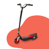 Folded View on Red Background: The scooter is shown in its folded position, demonstrating its portability and compact design, set against a red and white background.