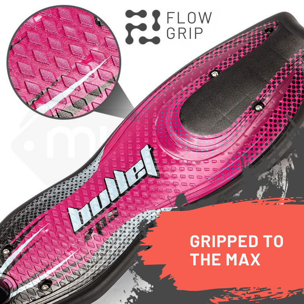 Pink and black scooter with 'Bullet' branding and 'Flow Grip' text, showing close-up of sole.