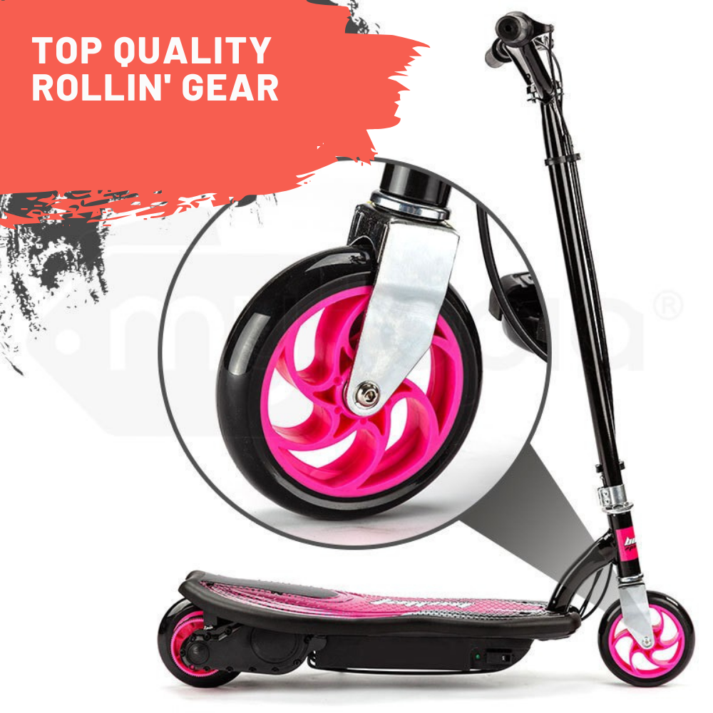 Pink and black scooter with large wheel on a white background