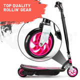 Pink and black scooter with large wheel on a white background