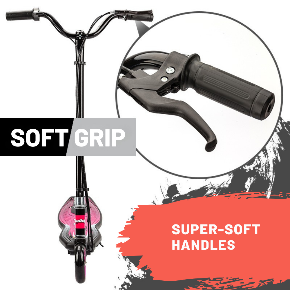 Close-up of scooter handlebar with soft grip and super-soft handles text on a white background.