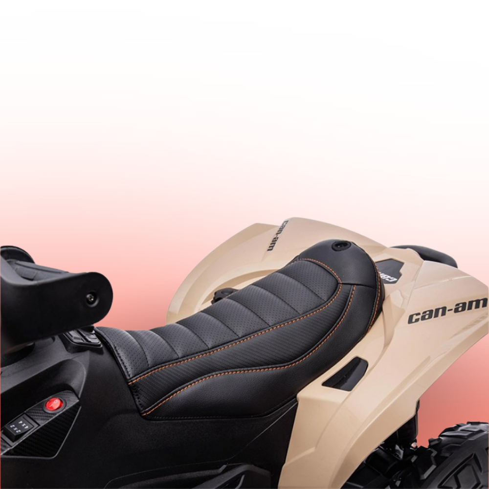 Close-up of a motorcycle seat with 'can-am' branding on a gradient background