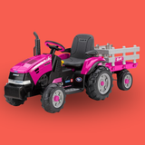 Pink and black toy tractor with a white trailer on an orange background