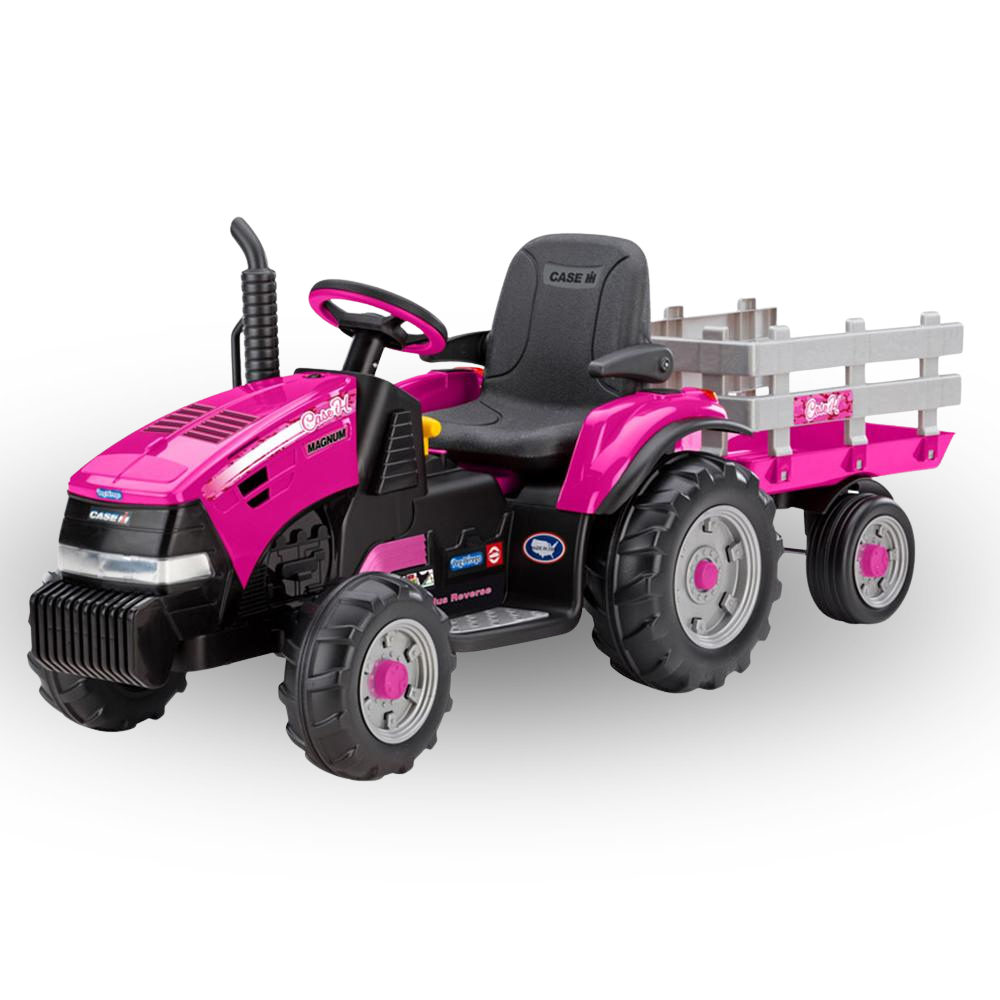Pink toy tractor with a trailer on an white background
