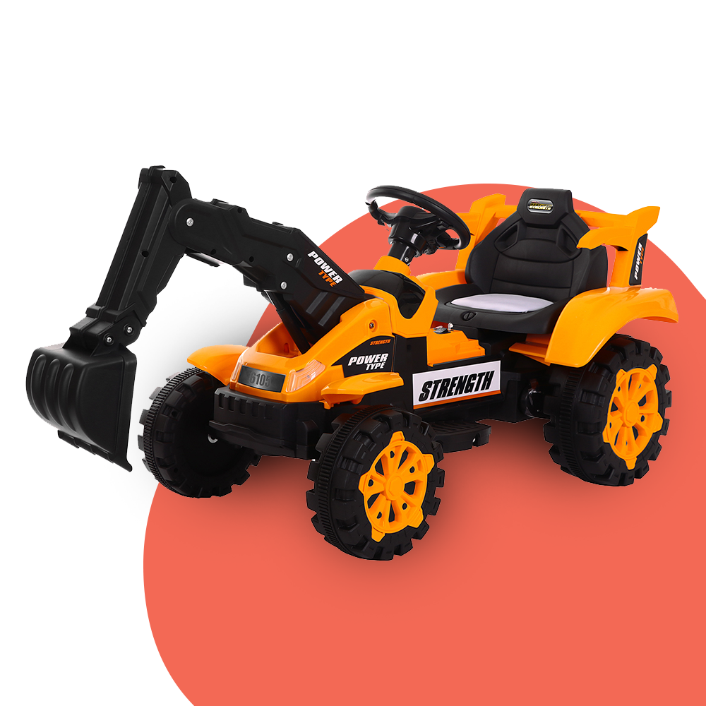 Yellow and black children's ride-on excavator displayed on an orange background, emphasizing its attractive design.