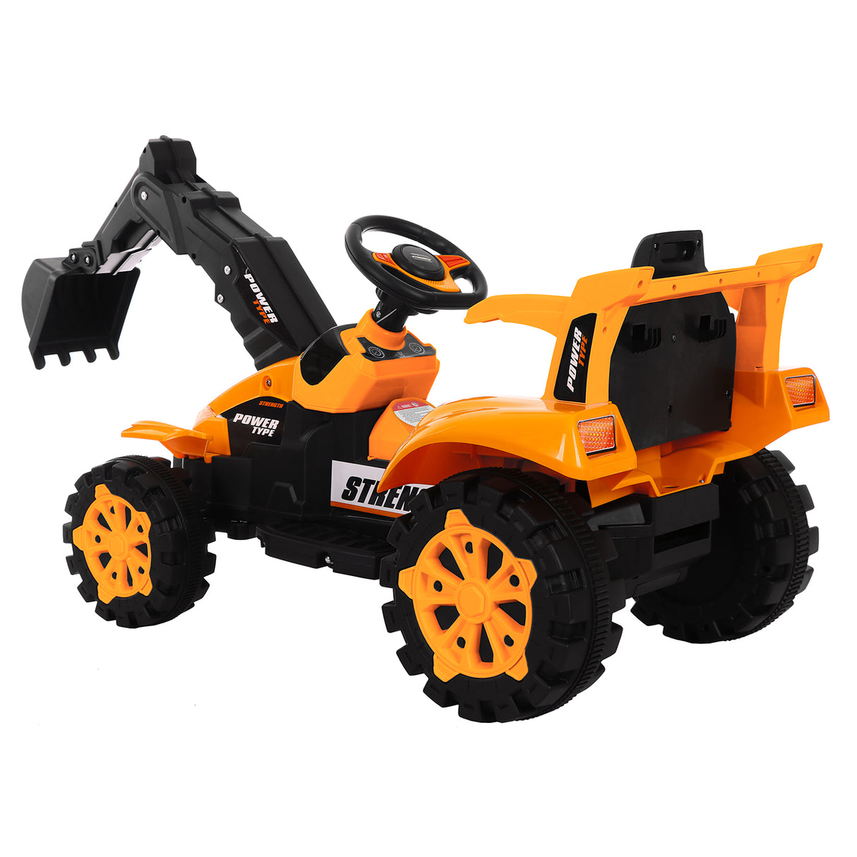 Front angled view of the ride-on excavator, focusing on the movable digging arm and its realistic features.