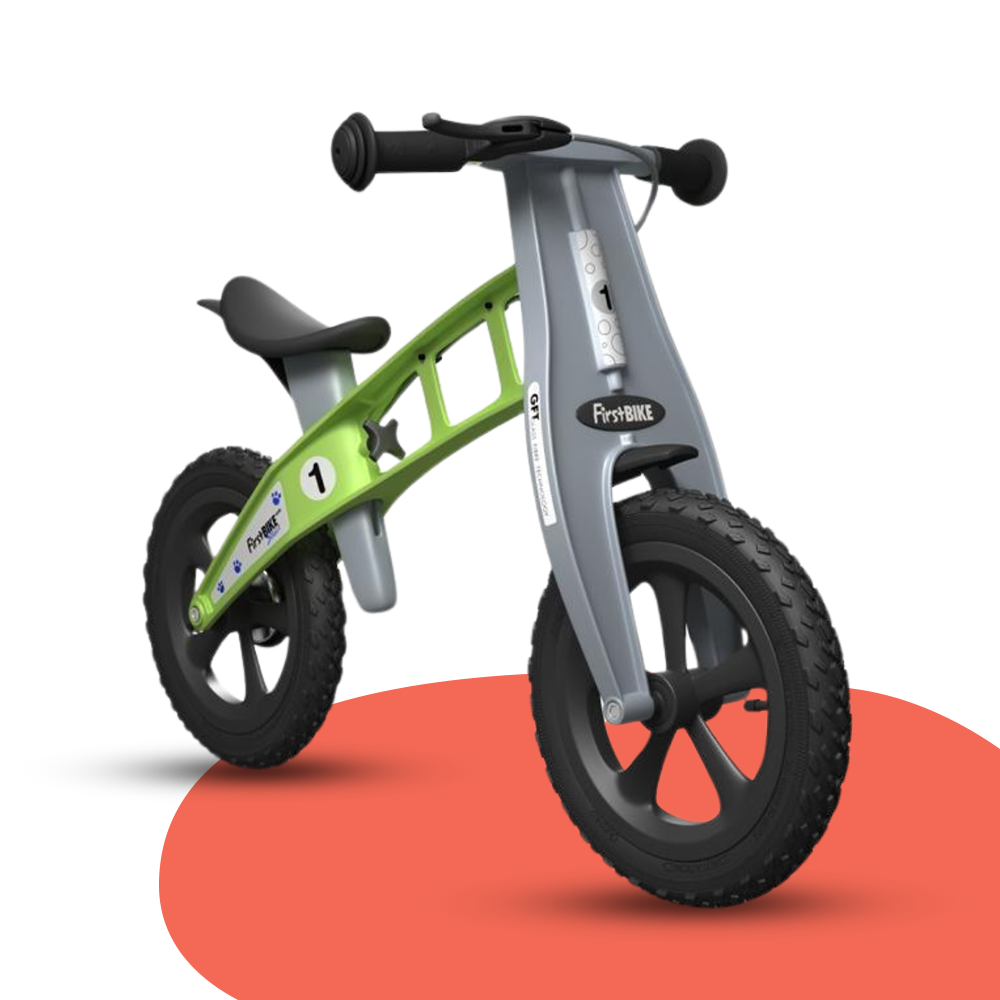 front view of FirstBIKE Lightweight Cross Balance Bike With Brake - Green