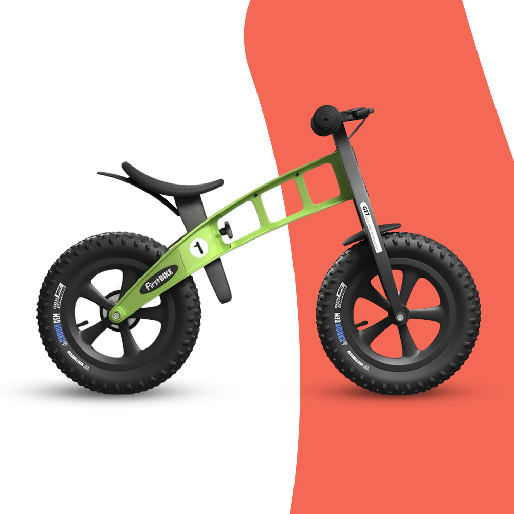 side view of FirstBIKE Lightweight Fat Cross Balance Bike With Brake - Green