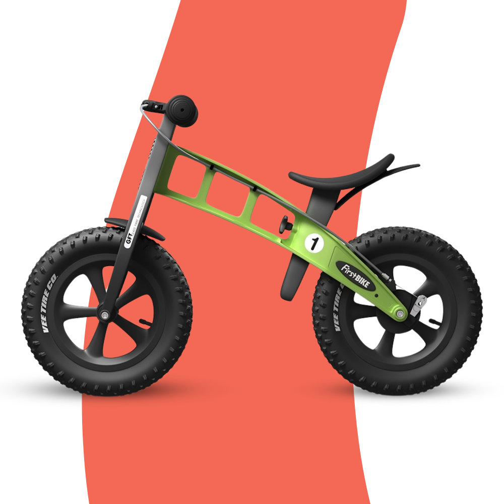 side view of FirstBIKE Lightweight Fat Cross Balance Bike With Brake - Green