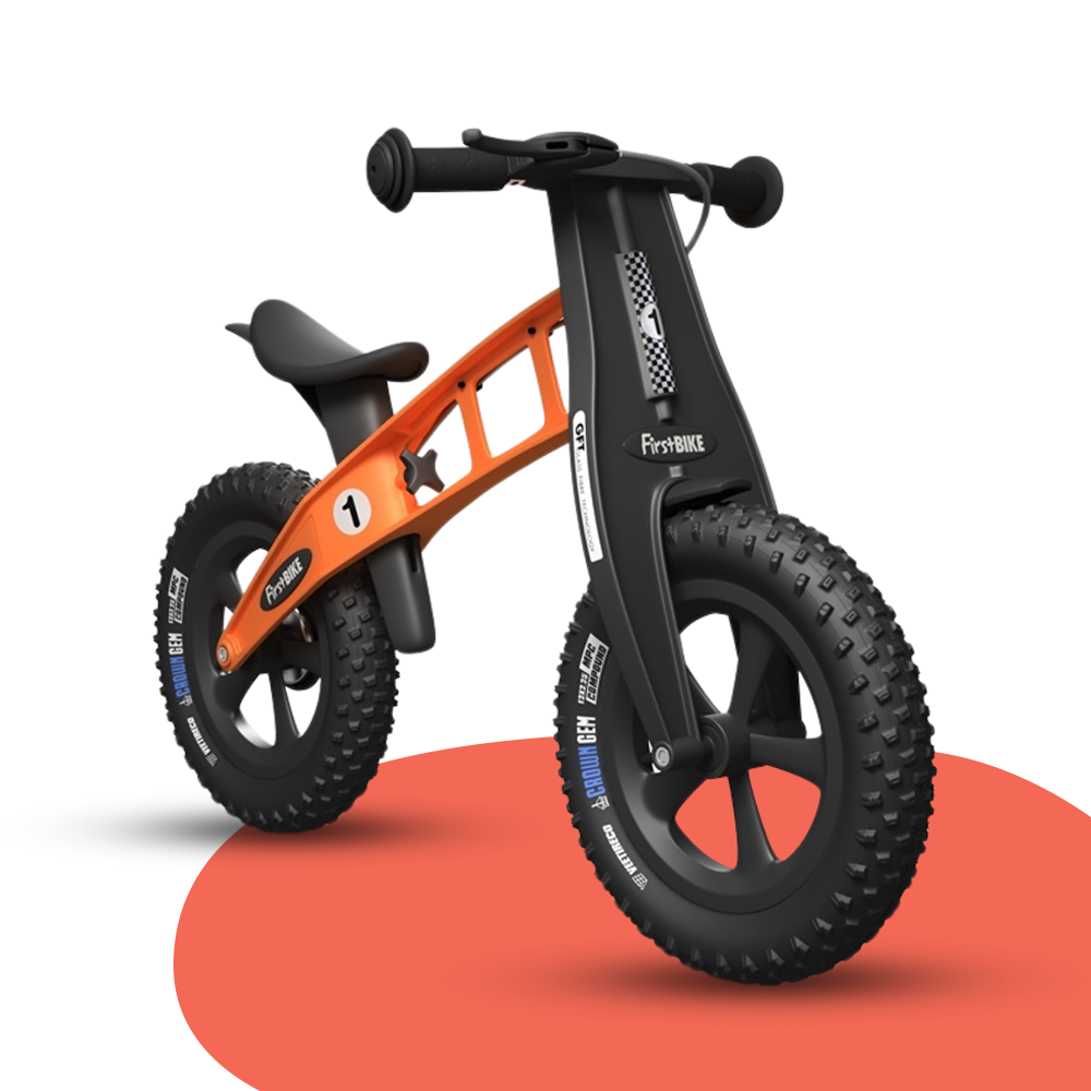 front view of FirstBIKE Lightweight Fat Cross Balance Bike With Brake - Orange