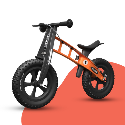 front view of FirstBIKE Lightweight Fat Cross Balance Bike With Brake - Orange
