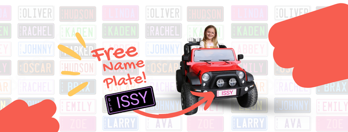 Child in a toy car with a free name plate offer on a branded background