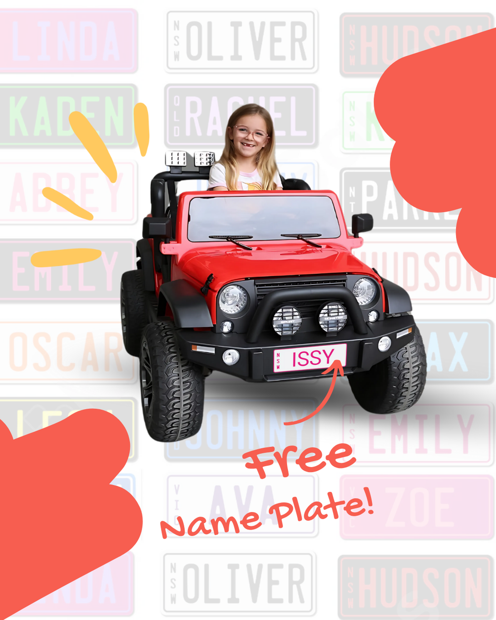 Red toy jeep with a girl inside, promotional text for free name plate on a colorful nameplate background.