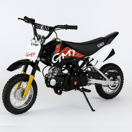 Rear three-quarter view of the black GMX kids’ dirt bike on a white background.

