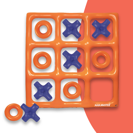 An inflatable Tic-Tac-Toe game set with an orange grid and blue 'X' pieces and orange 'O' pieces. The game board is displayed on a white and red background