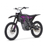An electric dirt bike with a black and purple color scheme, featuring knobby off-road tires, a central battery pack, and a white front number plate, shown on a clean white background.