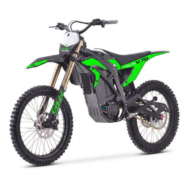 An electric dirt bike with a black and bright green color scheme, featuring a white front number plate, gold front fork, and knobby tires, shown on a white background.