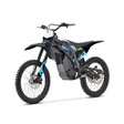 An electric dirt bike with a black frame and body, accented with bright blue graphics and a white headlight, shown from a three-quarters front angle on a white background.