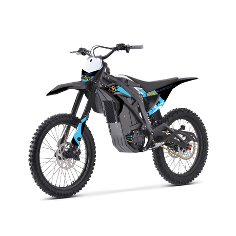 An electric dirt bike with a black frame and body, accented with bright blue graphics and a white headlight, shown from a three-quarters front angle on a white background.