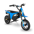 A blue and black electric mini dirt bike with racing decals, including the number 84, shown on a clean white background.