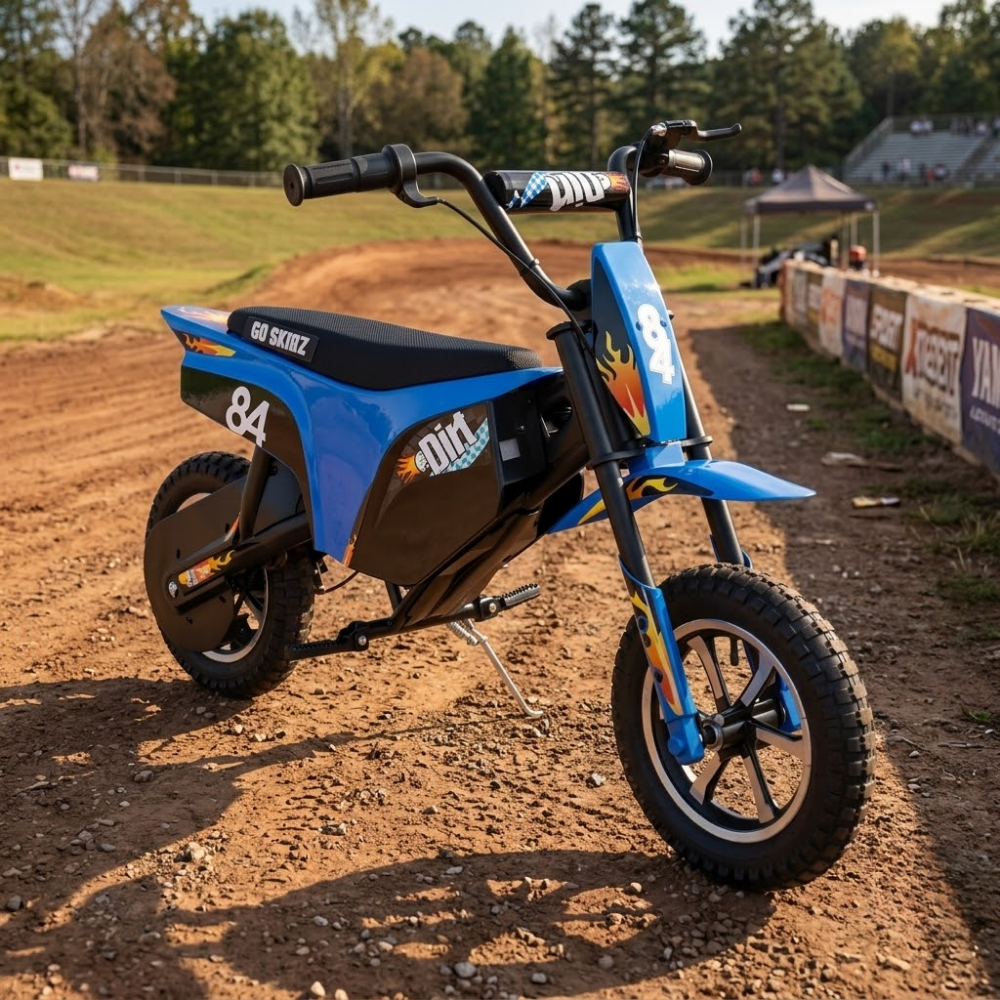 A blue and black electric dirt bike with the number 84 on its side, parked on a dirt track outdoors with trees and race barriers in the background.