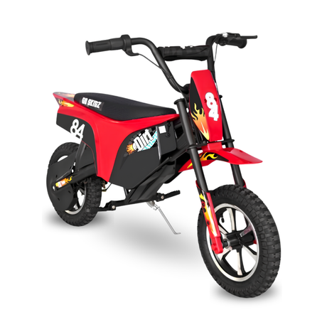 A red and black mini dirt bike with flame graphics, featuring a black seat, black handlebars, and a front suspension fork, shown on a white background.