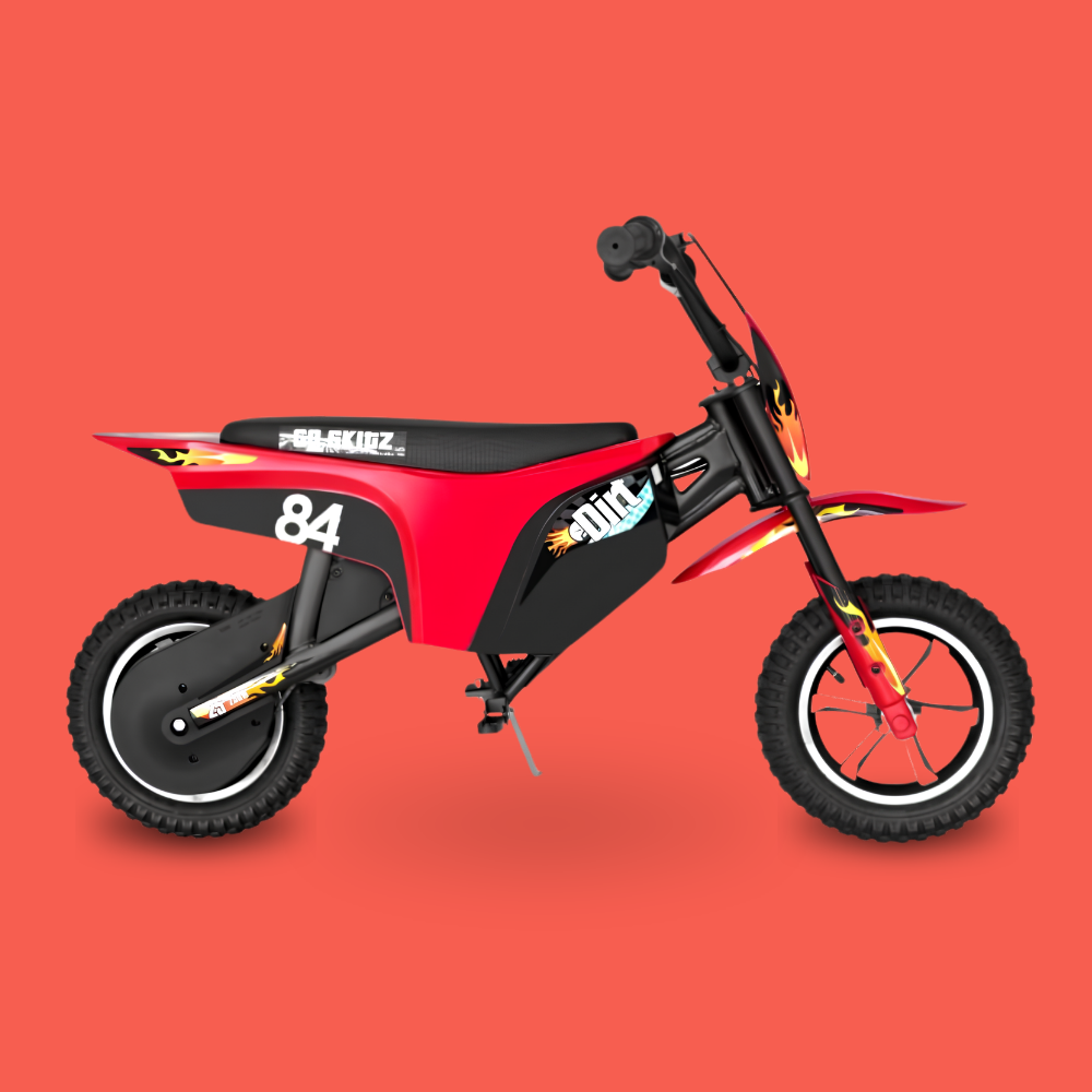 A red and black mini dirt bike with flame decals and the number 84, shown from a side profile on a solid red background.
