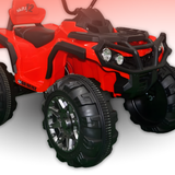Red toy ATV with black wheels on a white background