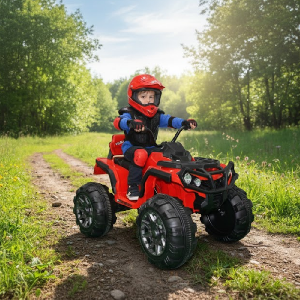 Child riding a red toy ATV in a forest setting