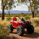 Red ATV in a natural setting with trees and mountains in the background