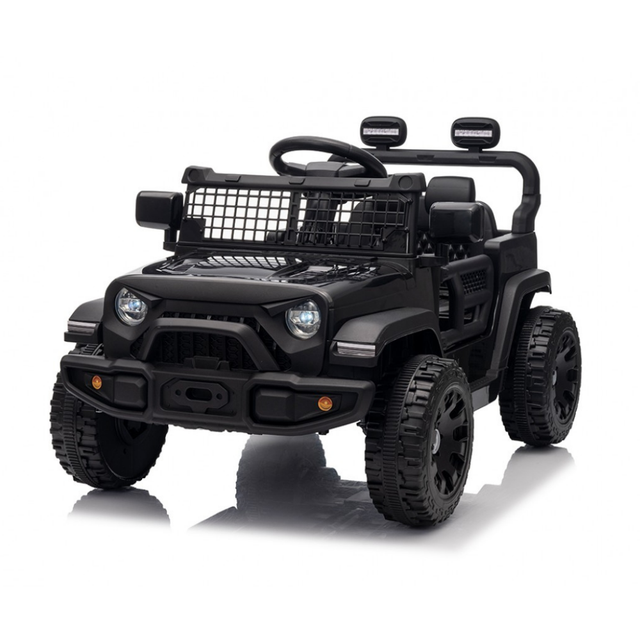 Black toy SUV with a basket on a white background