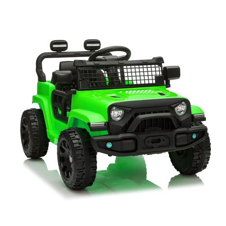 Green toy jeep with black details on a white background