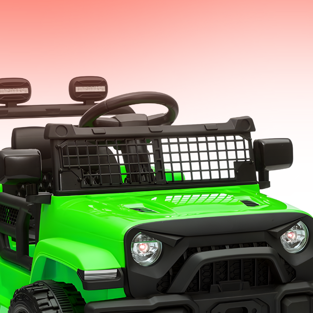 Green toy jeep with black grille on a gradient background