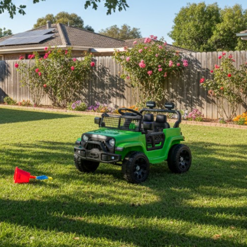 Green toy jeep on grass with a garden and house in the background