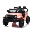 Pink toy jeep with black details on a white background
