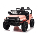 Pink toy jeep with black details on a white background