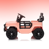 Toy jeep with pink body and black wheels on a gradient background