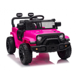 Pink toy SUV with black details on a white background