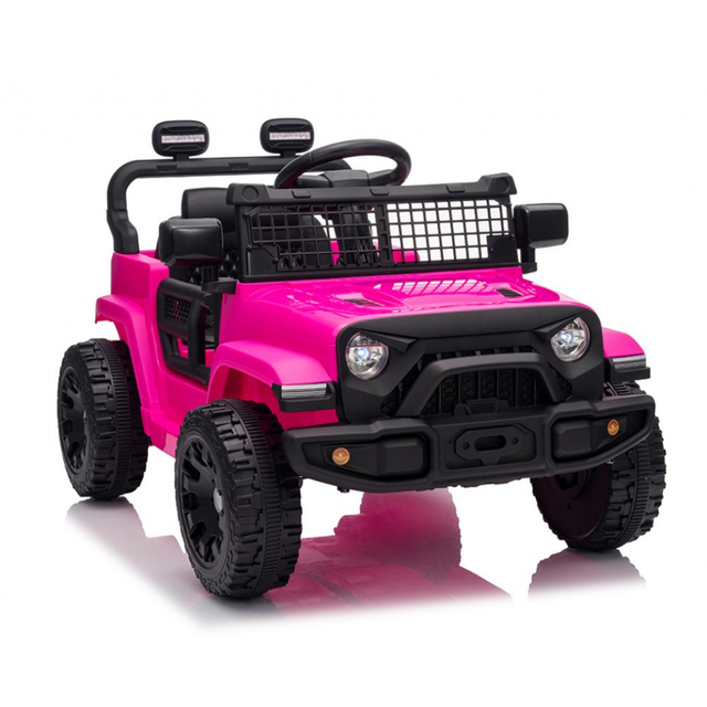 Pink toy SUV with black details on a white background