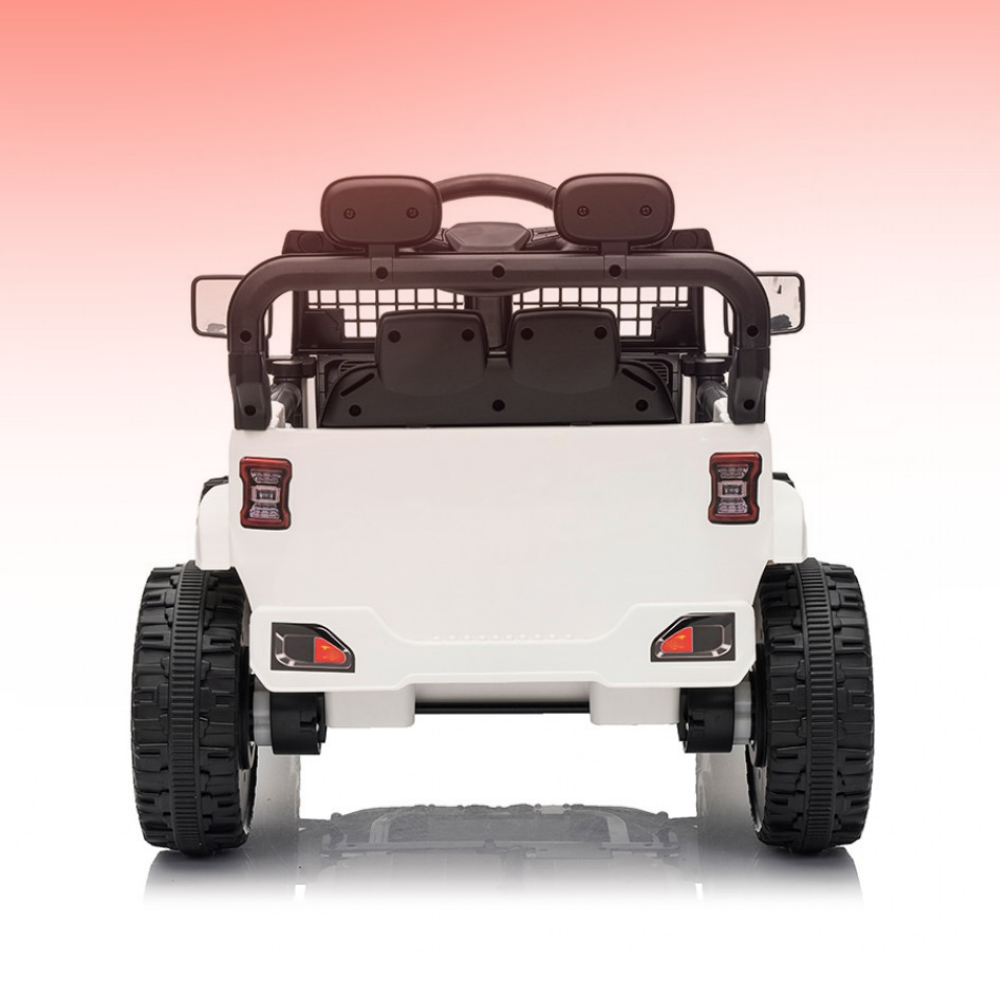 Back view of a white toy car with black wheels on a gradient background