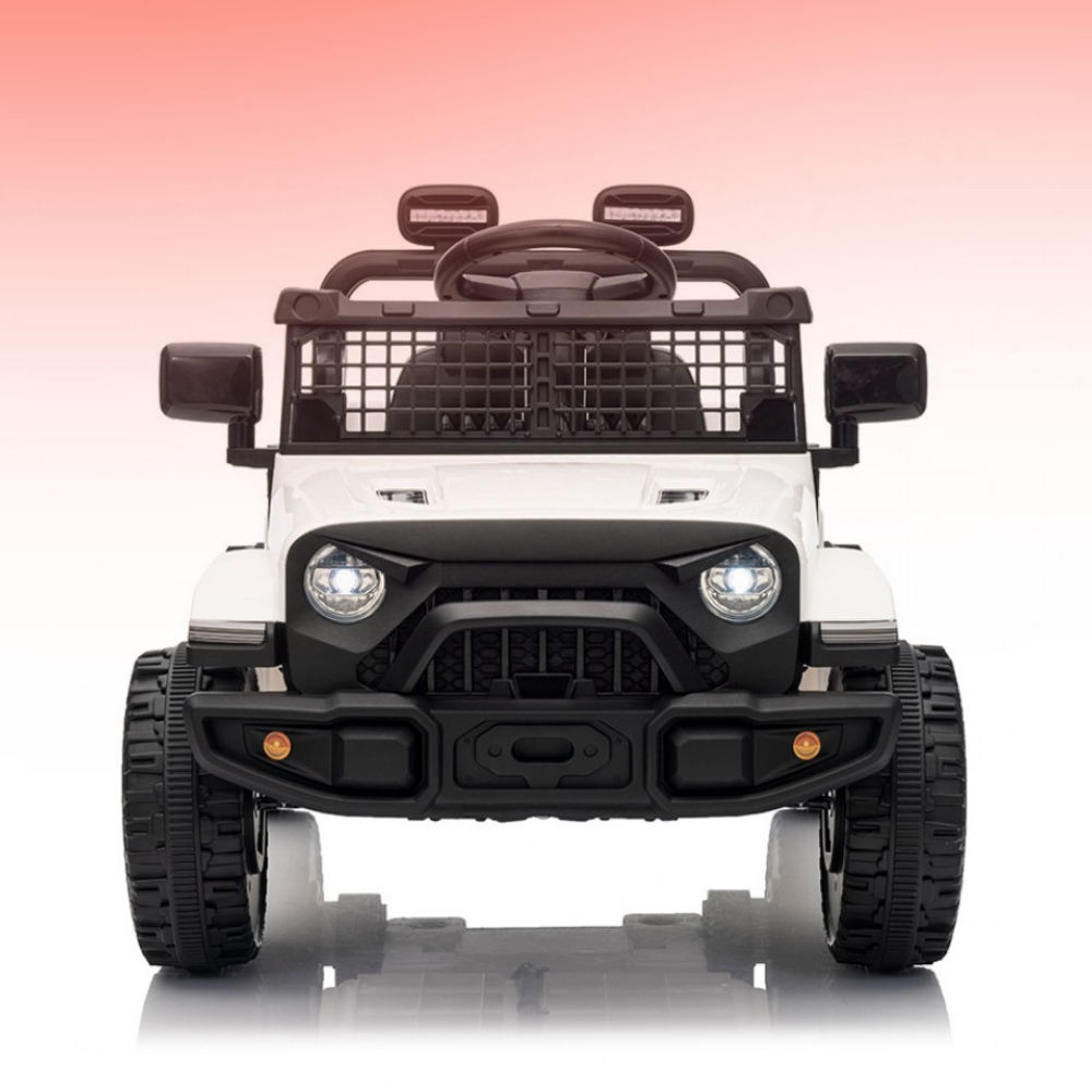 Children's toy off-road vehicle with a white body and black details on a gradient background