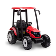 A red and black ride-on toy tractor with a black seat, steering wheel, and large black tires with white rims, shown on a clean white background.