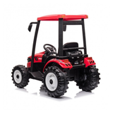 A red and black ride-on toy tractor with a canopy roof, steering wheel, and large black tires with white rims, shown on a clean white background.