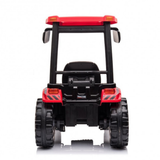 A black and red Tractor ride-on toy tractor viewed from the rear, featuring large black tires, a black seat, and red roof and taillight details, set against a plain white background.